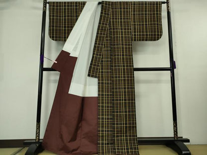 平和屋本店●極上　伝統工芸士　白川貞夫　越後黒八丈　紬　格子　証紙付き　逸品　未使用　DZAB8247kh6