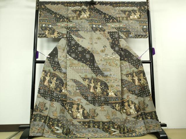 平和屋本店●極上　中国三大刺繍　スワトウ刺繍　汕頭刺繍　訪問着　エジプト壁画文様　金糸　金通し地　逸品　DZAB8249kh6