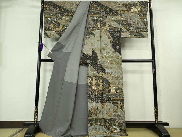 平和屋本店●極上　中国三大刺繍　スワトウ刺繍　汕頭刺繍　訪問着　エジプト壁画文様　金糸　金通し地　逸品　DZAB8249kh6