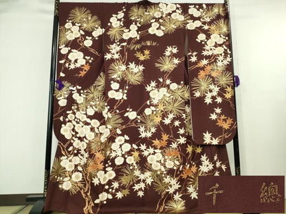 平和屋本店●極上　創業460年・千總　振袖　刺繍　松　梅　楓　赤褐色地　金彩　西武百貨店扱い　反端付き　逸品　DZAB8250kh6