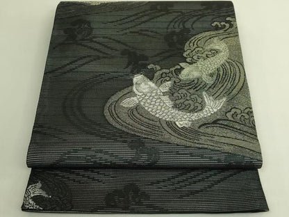 平和屋着物＊極上　夏物　六通柄袋帯　鯉　コイ　黒地　金糸　逸品　DZAB8252kh6
