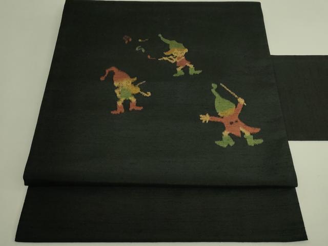 平和屋着物●極上　九寸名古屋帯　紬地　小人　メルヘン　黒地　逸品　未使用　DZAB8273kh6