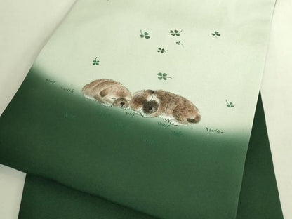 平和屋着物●極上　九寸名古屋帯　手描き　子犬　四つ葉のクローバー　逸品　未使用　DZAB8274kh6
