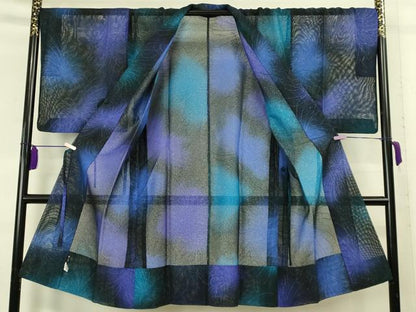 平和屋本店∞極上　道中着　スリーシーズン　春夏秋　塵除け　ロング丈　乱菊紋紗　暈し染め　黒地　銀糸　伊と幸 反端付 逸品 DZAB8295kh6