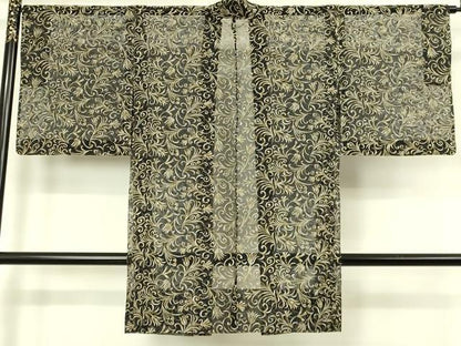 平和屋本店∞極上　BANKANわものや　長羽織　スリーシーズン　春夏秋　塵除け　オーガンジー　刺繍　唐草文　黒地 残布付 逸品 DZAB8299kh6