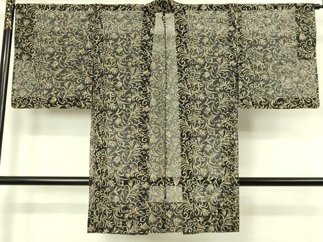 平和屋本店∞極上　BANKANわものや　長羽織　スリーシーズン　春夏秋　塵除け　オーガンジー　刺繍　唐草文　黒地 残布付 逸品 DZAB8299kh6