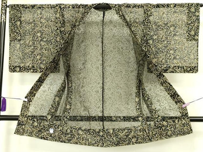 平和屋本店∞極上　BANKANわものや　長羽織　スリーシーズン　春夏秋　塵除け　オーガンジー　刺繍　唐草文　黒地 残布付 逸品 DZAB8299kh6