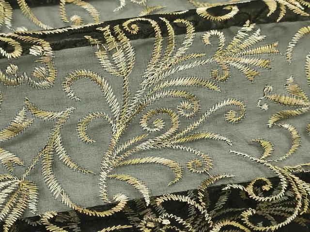 平和屋本店∞極上　BANKANわものや　長羽織　スリーシーズン　春夏秋　塵除け　オーガンジー　刺繍　唐草文　黒地 残布付 逸品 DZAB8299kh6