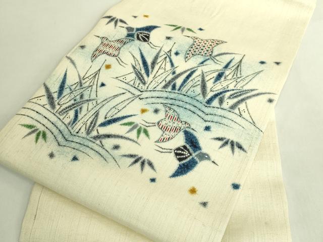 平和屋本店●極上　工芸帯　九寸名古屋帯　スリーシーズン帯　手描き　千鳥　草木　逸品　DZAB8339kh6