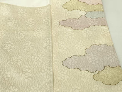 平和屋本店●極上　皇室献上作家　藤井寛　訪問着　駒刺繍　雲重ね　鳥の子色地　金彩　大丸扱い　逸品　DZAB8361kh6