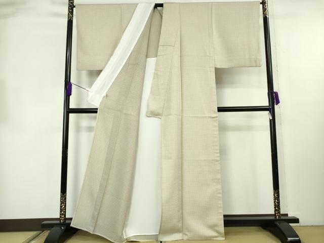 平和屋着物▽極上　お召　単衣　格子　亜麻色地　逸品　DZAB8366kh6