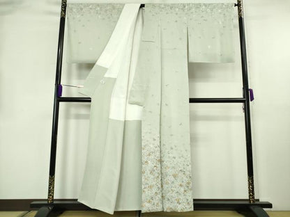 平和屋本店●極上　訪問着　総刺繍　舞花葉文　白緑色地　金糸　逸品　DZAB8368kh6