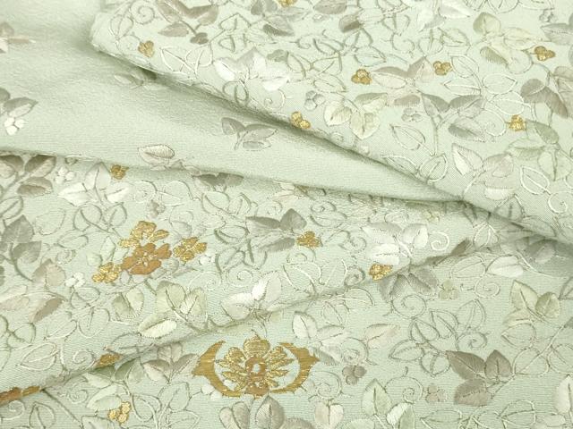 平和屋本店●極上　訪問着　総刺繍　舞花葉文　白緑色地　金糸　逸品　DZAB8368kh6