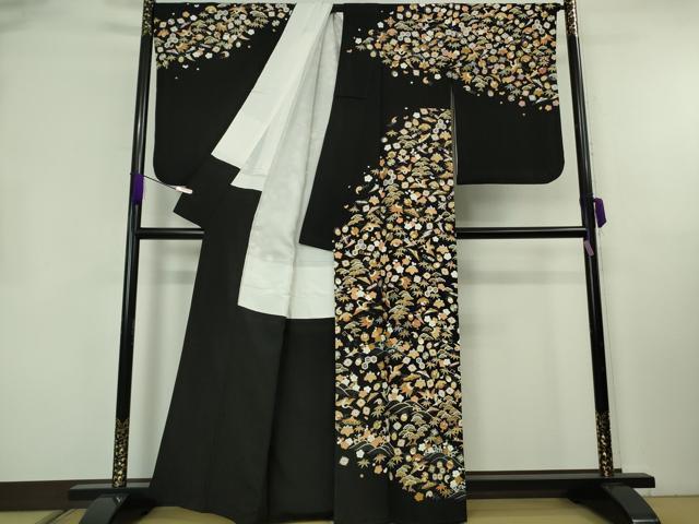 平和屋本店●極上　訪問着　駒刺繍　宝尽くし飛鶴文　黒地　金彩　逸品　DZAB8376kh6