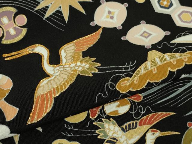 平和屋本店●極上　訪問着　駒刺繍　宝尽くし飛鶴文　黒地　金彩　逸品　DZAB8376kh6