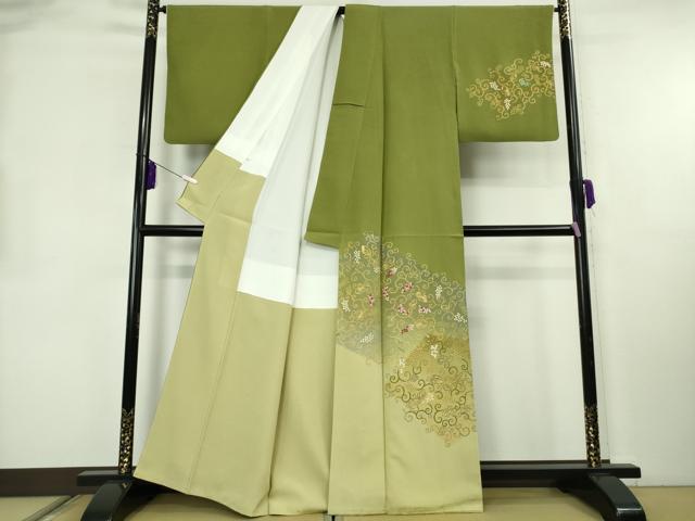 平和屋本店●極上　人間国宝　福田喜三郎　訪問着　刺繍　葡萄唐草文　草色　金彩　縮緬地　大丸扱い　逸品　DZAB8380kh6