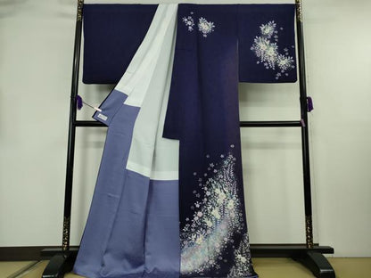 平和屋着物●極上 越後十日町の一流染匠 桐屋・翠山工房 訪問着 天の川伝説 鉄紺色地 暈し染め 銀彩 やまと誂製 ロング丈 逸品 DZAB8381kh6