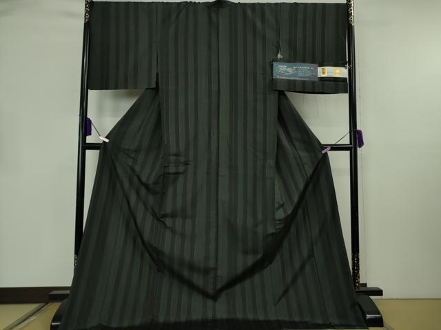 平和屋本店●極上　博多織人　黒木織物　紬　献上　仙斉茶色×黒緑色　ロング丈　証紙付き　逸品　DZAB8388kh6