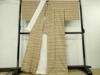 平和屋本店▽極上　郡上紬　草木染　単衣　横縞　逸品　DZAB8390kh6