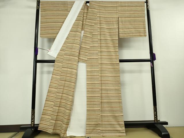 平和屋本店▽極上　郡上紬　草木染　単衣　横縞　逸品　DZAB8390kh6