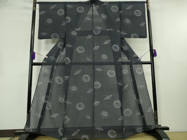 平和屋着物＊極上　夏物　本場小千谷ちぢみ　番傘　濃藍色地　麻　逸品　DZAB8395kh6