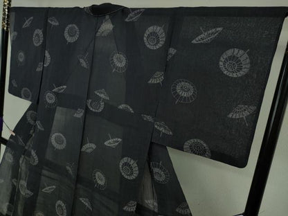 平和屋着物＊極上　夏物　本場小千谷ちぢみ　番傘　濃藍色地　麻　逸品　DZAB8395kh6