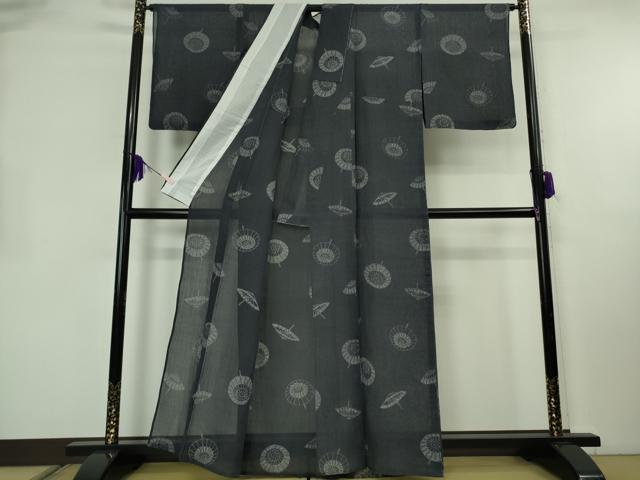 平和屋着物＊極上　夏物　本場小千谷ちぢみ　番傘　濃藍色地　麻　逸品　DZAB8395kh6
