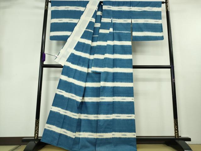 平和屋本店▽希少　人間国宝　志村ふくみ　紬・帯締めセット　単衣　藍染横段　矢絣　小大丸扱い　たとう紙付き　逸品　DZAB8400kh6