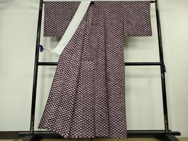 平和屋本店▽極上　岩手の匠　草紫堂　南部絞り　紫根染　紬　単衣　菱文　正絹　逸品　未使用　DZAB8404kh6