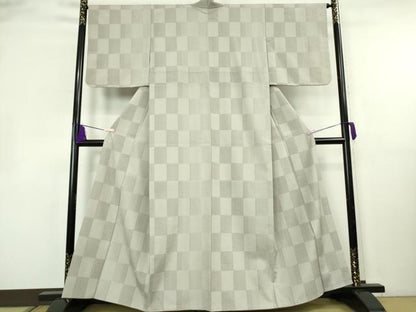 平和屋着物●極上　本塩沢　110亀甲　市松文様　絹鼠色地　鈴乃屋扱い　逸品　DZAB8410kh6