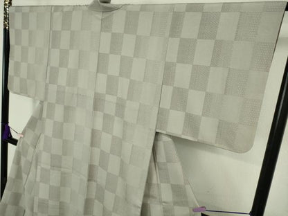 平和屋着物●極上　本塩沢　110亀甲　市松文様　絹鼠色地　鈴乃屋扱い　逸品　DZAB8410kh6