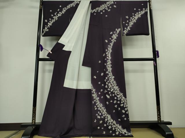 平和屋本店●極上　訪問着　総刺繍　舞花文　濃い深紫色地　暈し染め　金糸　逸品　DZAB8418kh6
