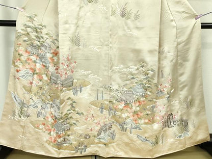 平和屋本店●極上　訪問着　総手刺繍　渡橋風景花文　蒸栗色地　金糸　逸品　DZAB8419kh6