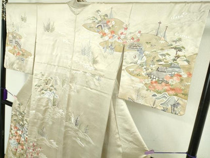 平和屋本店●極上　訪問着　総手刺繍　渡橋風景花文　蒸栗色地　金糸　逸品　DZAB8419kh6