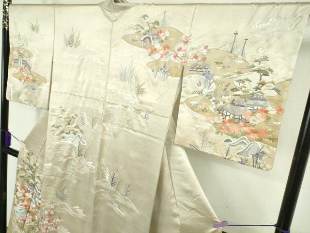 平和屋本店●極上　訪問着　総手刺繍　渡橋風景花文　蒸栗色地　金糸　逸品　DZAB8419kh6