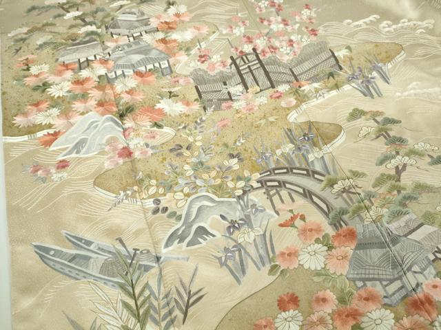 平和屋本店●極上　訪問着　総手刺繍　渡橋風景花文　蒸栗色地　金糸　逸品　DZAB8419kh6