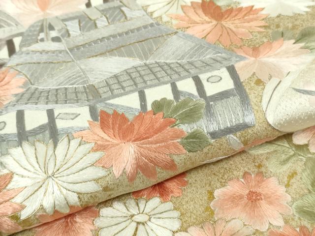 平和屋本店●極上　訪問着　総手刺繍　渡橋風景花文　蒸栗色地　金糸　逸品　DZAB8419kh6