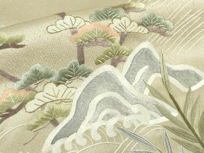 平和屋本店●極上　訪問着　総手刺繍　渡橋風景花文　蒸栗色地　金糸　逸品　DZAB8419kh6