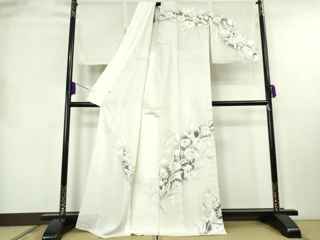 平和屋本店▽極上　訪問着　単衣　総手刺繍　草花文　灰白色地　暈し染め　金糸　逸品　DZAB8420kh6