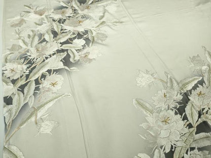 平和屋本店▽極上　訪問着　単衣　総手刺繍　草花文　灰白色地　暈し染め　金糸　逸品　DZAB8420kh6