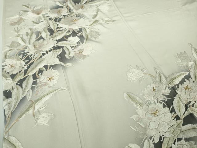 平和屋本店▽極上　訪問着　単衣　総手刺繍　草花文　灰白色地　暈し染め　金糸　逸品　DZAB8420kh6