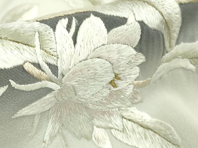 平和屋本店▽極上　訪問着　単衣　総手刺繍　草花文　灰白色地　暈し染め　金糸　逸品　DZAB8420kh6
