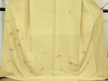 平和屋本店●極上　江戸友禅 小倉貞右　訪問着　駒刺繍　宝尽くし楽器文　淡黄色地　金彩　縮緬　ロング丈　さが美扱い　逸品　DZAB8427kh6