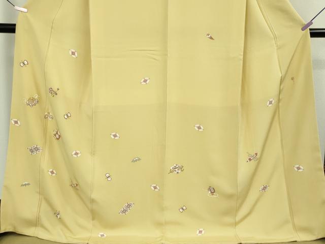 平和屋本店●極上　江戸友禅 小倉貞右　訪問着　駒刺繍　宝尽くし楽器文　淡黄色地　金彩　縮緬　ロング丈　さが美扱い　逸品　DZAB8427kh6