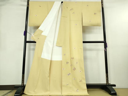 平和屋本店●極上　江戸友禅 小倉貞右　訪問着　駒刺繍　宝尽くし楽器文　淡黄色地　金彩　縮緬　ロング丈　さが美扱い　逸品　DZAB8427kh6