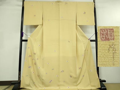 平和屋本店●極上　江戸友禅 小倉貞右　訪問着　駒刺繍　宝尽くし楽器文　淡黄色地　金彩　縮緬　ロング丈　さが美扱い　逸品　DZAB8427kh6