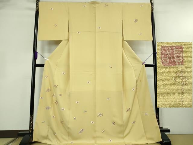 平和屋本店●極上　江戸友禅 小倉貞右　訪問着　駒刺繍　宝尽くし楽器文　淡黄色地　金彩　縮緬　ロング丈　さが美扱い　逸品　DZAB8427kh6