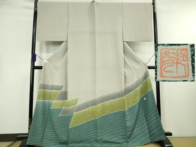 平和屋本店●希少　人間国宝　森口華弘の息子　森口邦彦　蒔糊散らし　色留訪問着　薄梅鼠色地　金銀彩　三越扱い　逸品　DZAB8431kh6