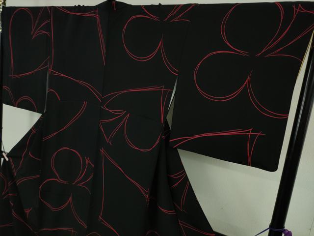 平和屋本店●極上　染色作家　草野一騎　小紋　トランプ　スペード　エース　ハート　ダイヤ　黒地　ロング丈　逸品　DZAB8432kh6