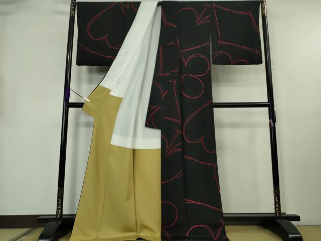 平和屋本店●極上　染色作家　草野一騎　小紋　トランプ　スペード　エース　ハート　ダイヤ　黒地　ロング丈　逸品　DZAB8432kh6